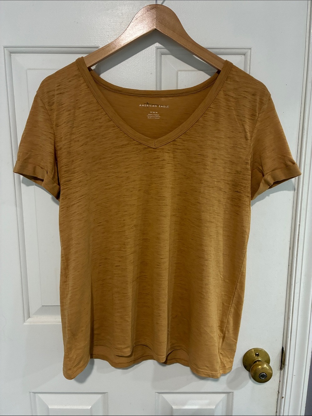 American Eagle Outfitters Women's V-Neck Short Sleeve Tee - Mustard Brown